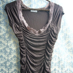 Refuge Brown Ruched  Fitted Top - Lace Trim - S